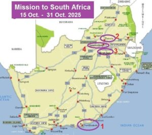 Dienstbaar geweest in 1 Port Elizabeth, 2 Pretoria, 3 Brakpan en 4 Johnannesburg
